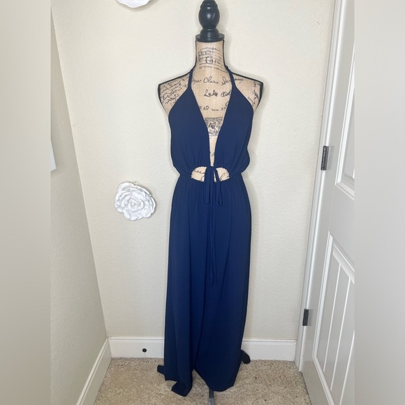 Tyche Pants - NTM: Tyche Navy Halter Cutout Wide-Leg Jumpsuit Flowy Boho Wear One-Piece Size L